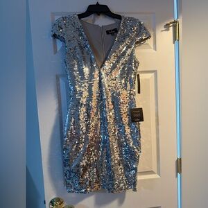 Lulu's Silver Sequin V-Neck Cap Sleeve Cocktail Dress